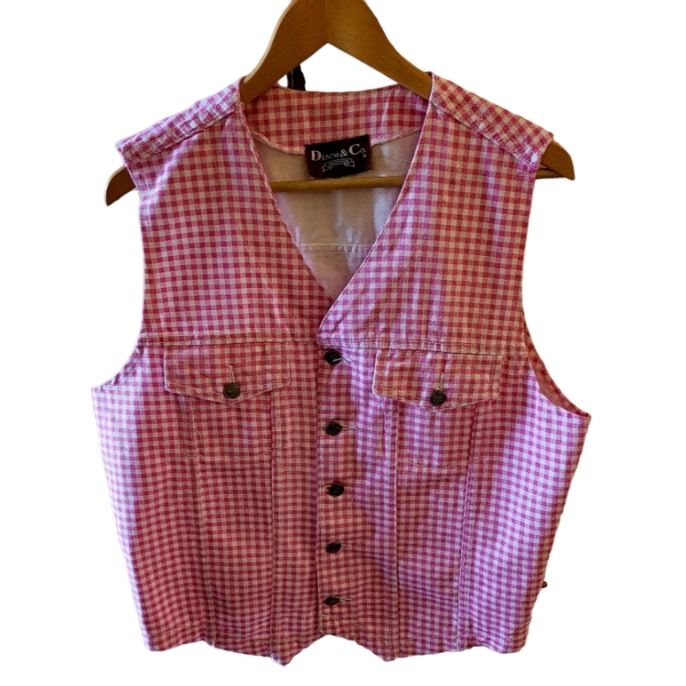Denim&Co Vintage Barbie Core Pink and White Gingham Vest Size Large Made in USA